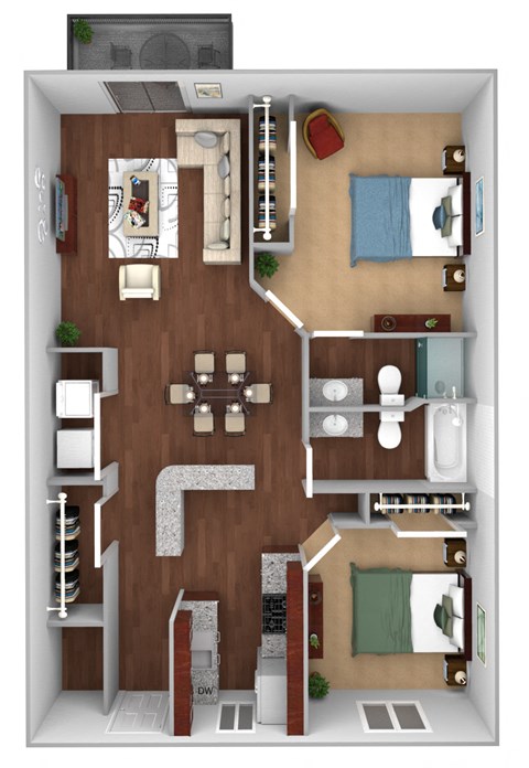 Floor plan for 2 beds, 2 baths, 1017 sqft